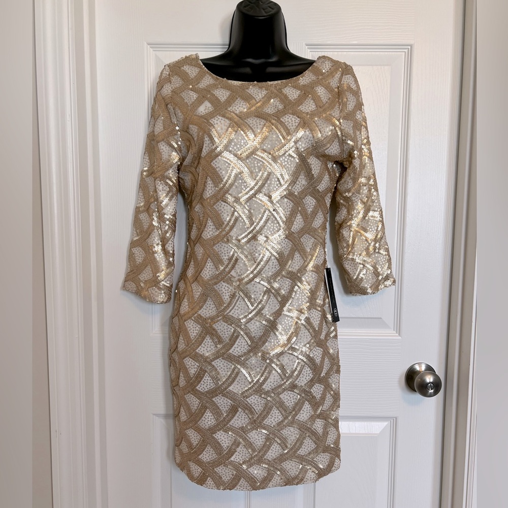 NWT Gold, sequin midi party dress.